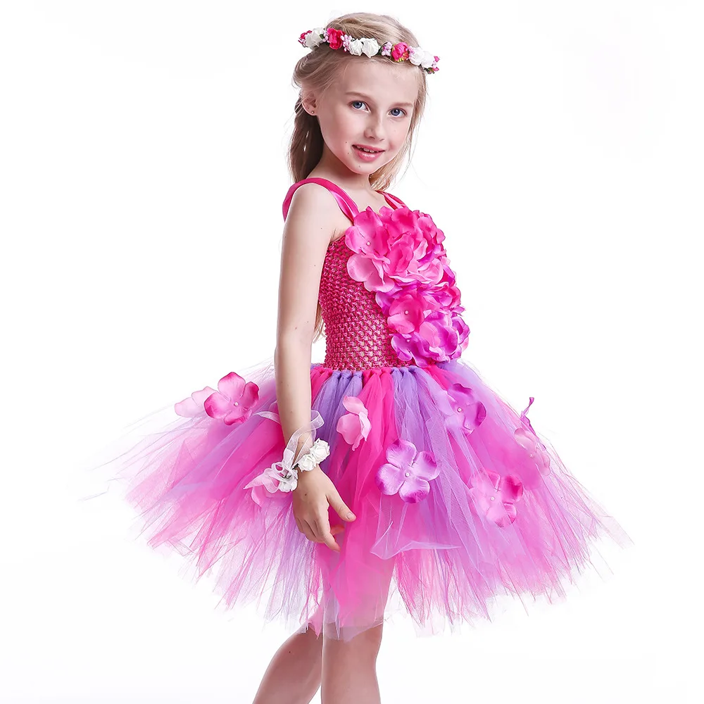 Kids Princess Dress Hydrangea Flower Tutu Dress for Girls Wedding Birthday Party Photo Petals Dress Handmade Kids Pageant Dress