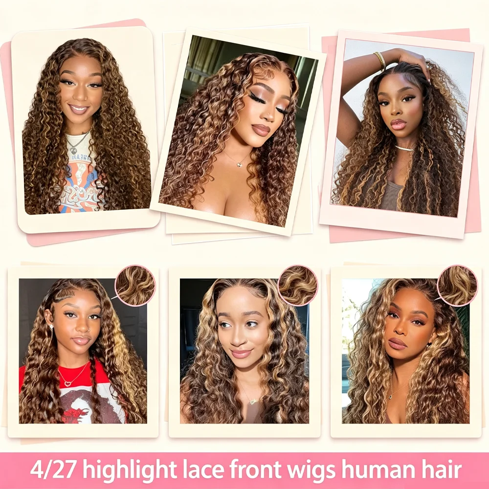 Water Wave Human Hair Wig for Women 200 250 Density 4/27 Highlight 13x4 HD Lace Frontal Human Hair Wig 5x5 HD Lace Closure Wig image 7