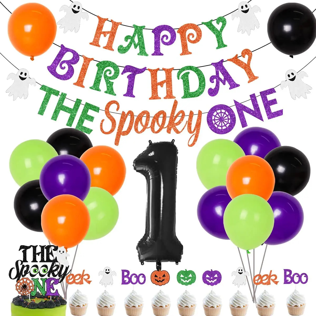 

Halloween 1st Birthday Party Decorations The Spooky One Happy Birthday Banner Cake Topper Number 1 Balloon Spooky First Birthday