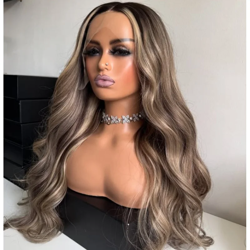

Long Body Wave Wig Highlight Ombre Brown Blonde Middle Part Synthetic Lace Front Wig Natural Preplucked Hairline with Baby Hair
