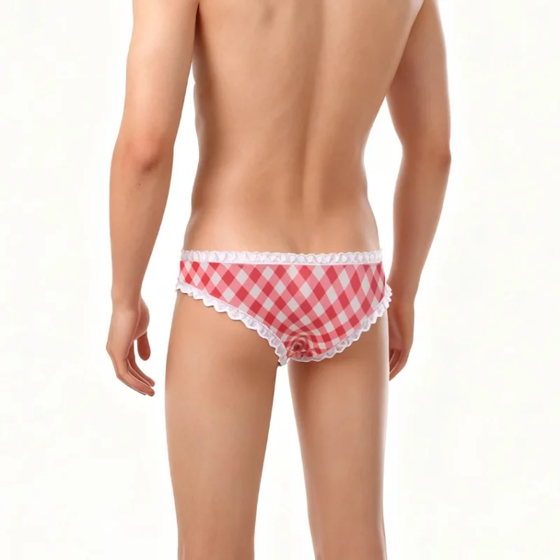 

Sexy Men's Underwear Orange Plaid Lace Briefs Sweet Cute Gay Low Waist U Convex Pouch G-string BF Gift FKK Private Party Panties