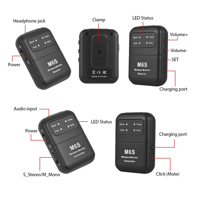 -PQWN 2.4Ghz ワイヤレスイヤホンモニター伝送システム充電式 IEM 送信受信機モノラル/ステレオスイッチ