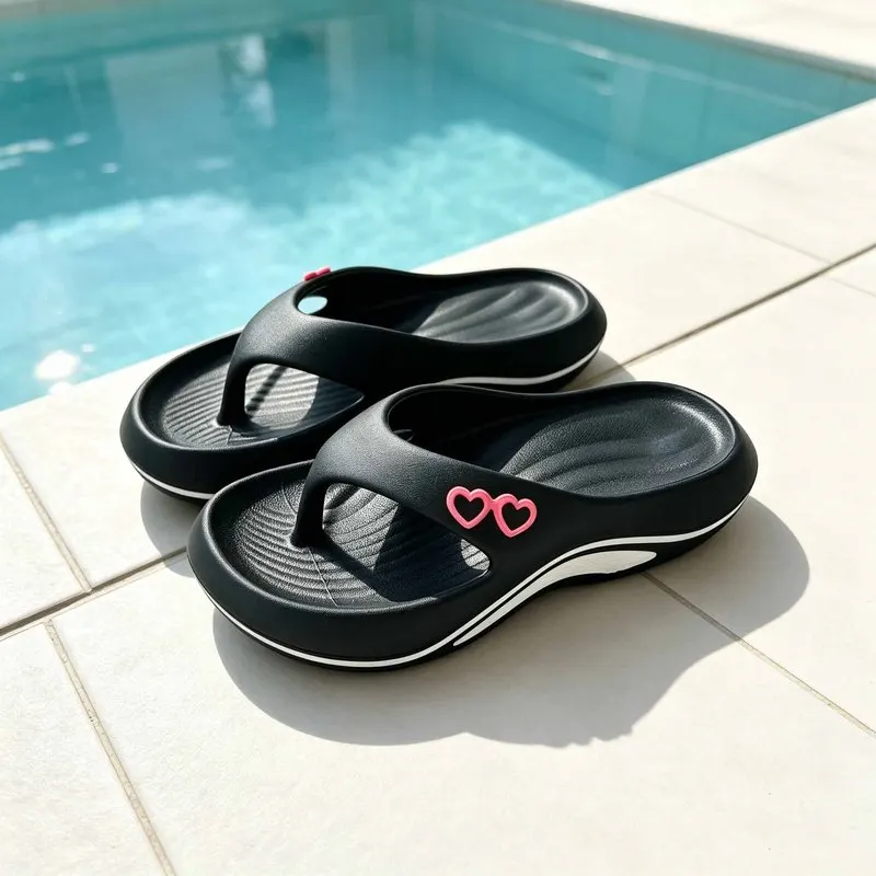Unisex Summer Flip Flops Heart Shape Decoration Wavy Textured Footbed Thick Sole Beach Pool Thong Sandals