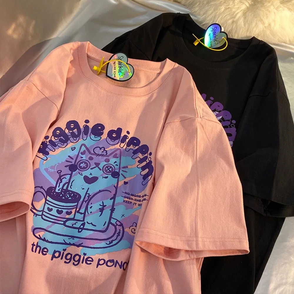 

Футболка из 100% хлопка с принтом кота граффити, женская летняя футболка Y2K Kawaii, корейский топ с короткими рукавами, милая футболка большого размера, большие размеры