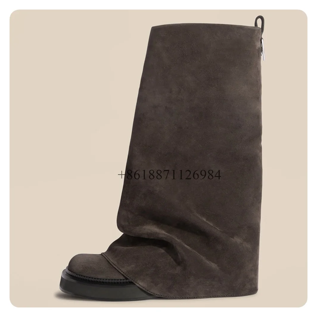 여성용 진짜 가죽 솔리드 라운드 토 미드 카프 플랫폼 나이트 부츠, 청키 로우 힐 슬립온 디자인, 대형 사이즈 신발