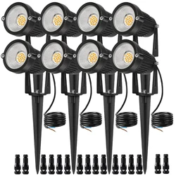 7W Low Voltage Landscape Light 12V LED Warm White Waterproof Outdoor Spotlight Garden Path Tree Lawn Light (8pcs with Connector)