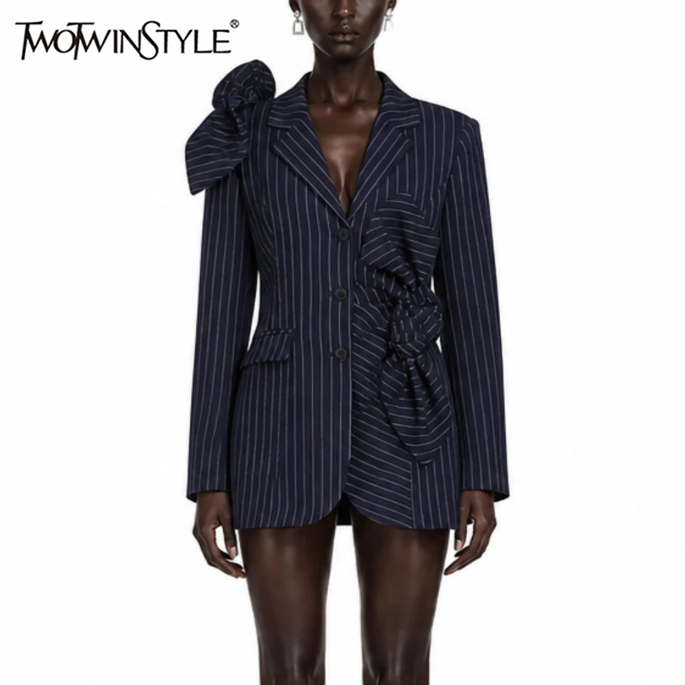 TWOTWINSTYLE Chic Striped Women Jackets Lapel Long Sleeve 3D Folds Ornament Single Breasted Luxury Loose Jacket Summer Fashion