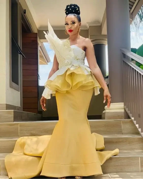 ชุดราตรีแบบเปิดไหล่สำหรับผู้หญิงแอฟริกัน  ชุดเดรสทรงเมอร์เมดสำหรับงานพิธีการ  ชุดราตรีทรงหางปลา