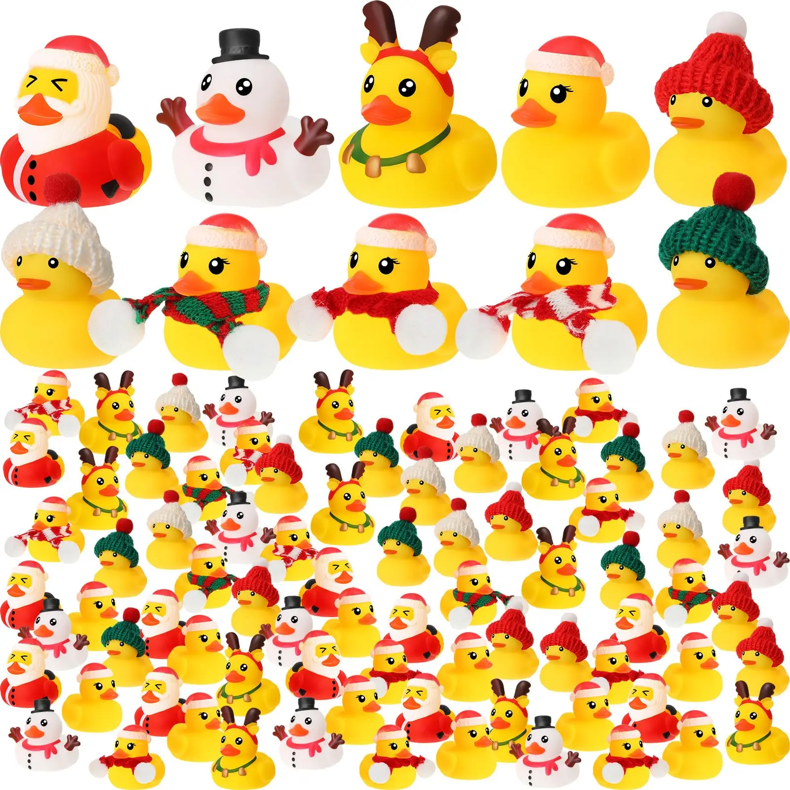 100 Pack Christmas Rubber Duck Bath Toys Bulk Christmas Duck Hat Scarf Rubber Duck Elk Snowman Santa Claus Multi Style Winter