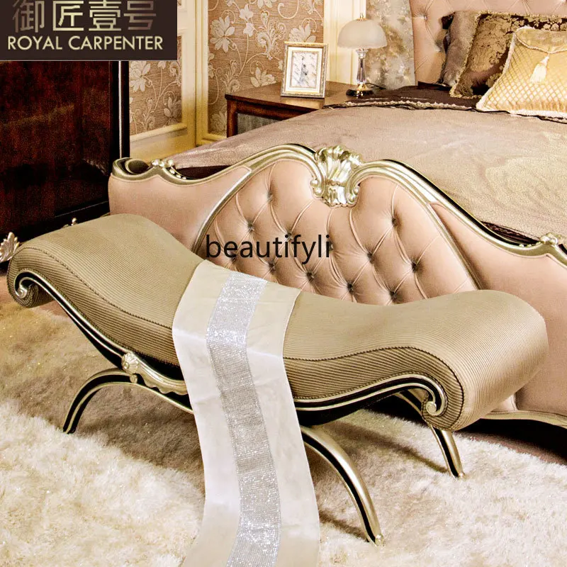 

Neoclassical bedroom furniture, solid wood bedside stool, champagne silver bedside stool, fabric bedside stool