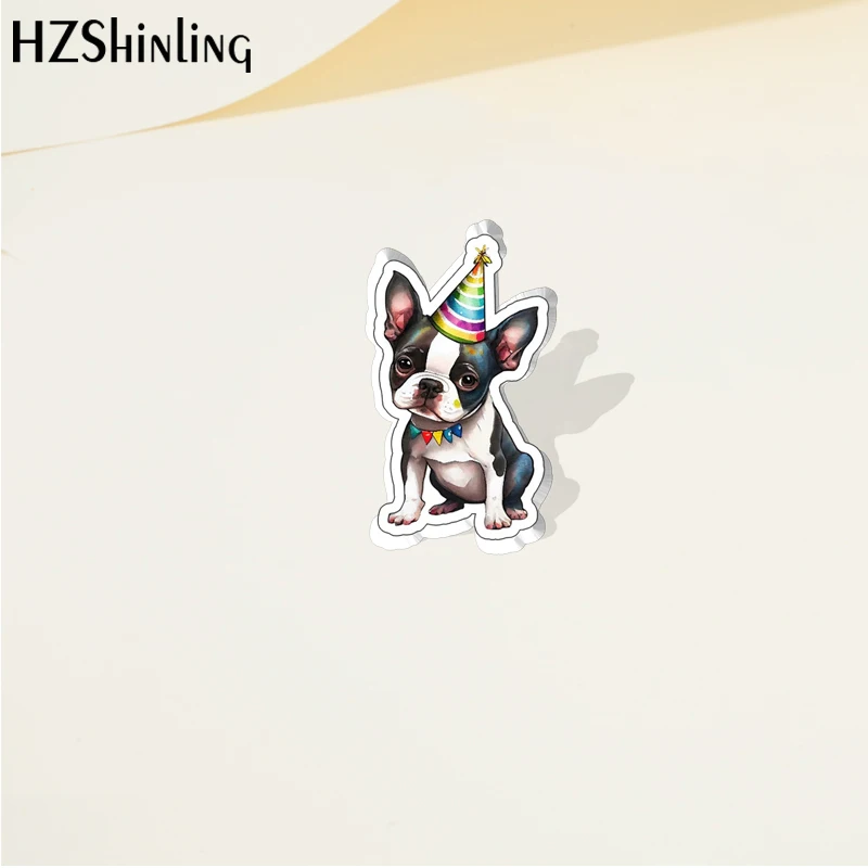 2023 Cartoon Cute Animal Pet Boston Terrier Dog Acrylic Lapel Pin Resin Epoxy Acrylic Pins Fashion Jewelry Accessories