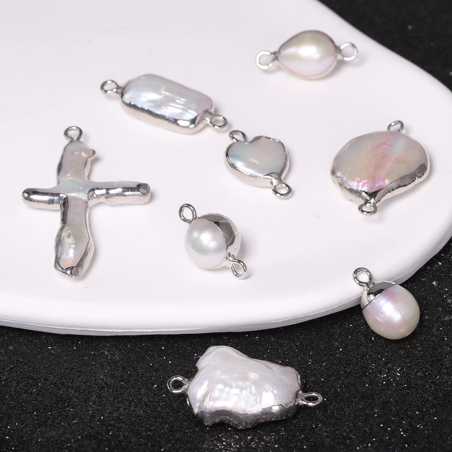 الطبيعية غير النظامية الحب القلب الصليب شكل حبات اللؤلؤ فضي الحواف فضفاض قلادة الخرز لصنع المجوهرات عقد دي اي واي سوار