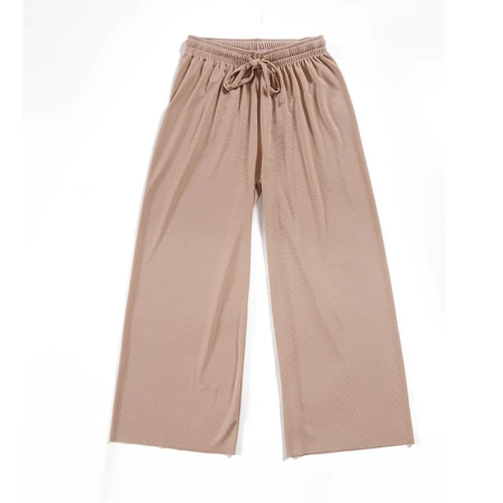 Casual Solid Color Wide Leg Pants Ankle-Length Wide Leg Casual Pants Elastic Waist Female Fit Loose Trousers