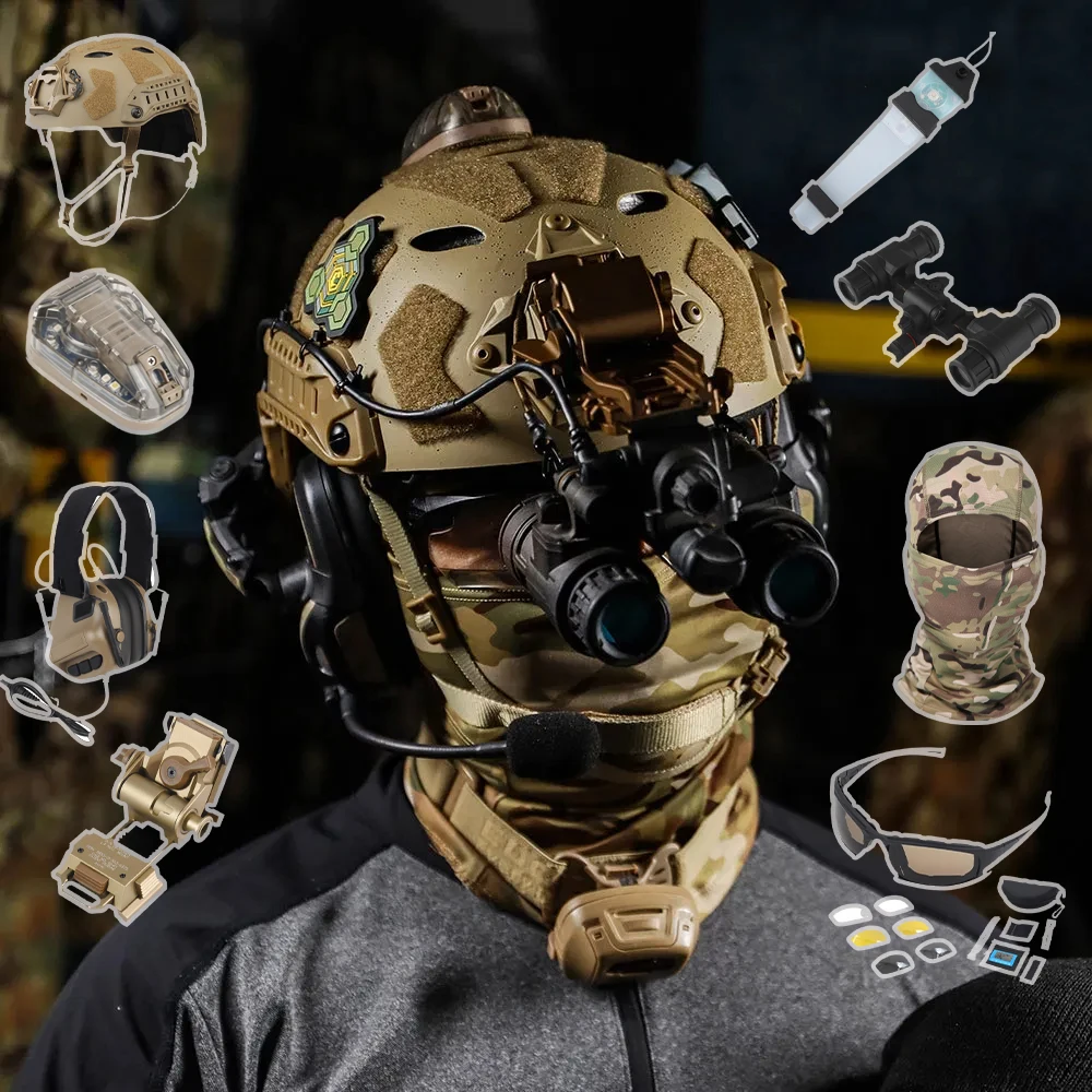 Tactical Airsoft Helmet Set with Night Vision Model Headset Goggles Metal Bracket Signal Light Field Cospaly Wargame Equipment