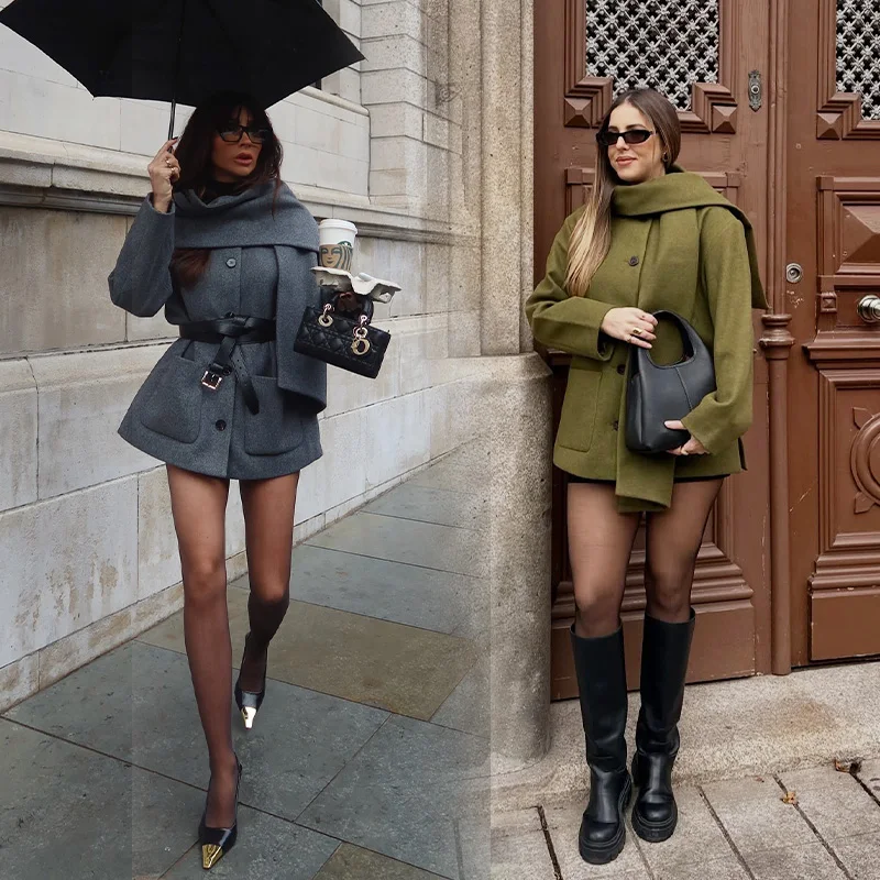 2026 Woman Thick Warm Street Woolen Outwear Women Grey Solid With Pockets Scarf Collar Green Short Chic Coat British Style