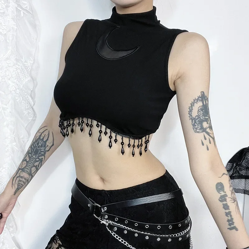 

2025 New Dark Cyber Y2K Skinny Turtleneck Tank Top Sexy Moon Chain Tassel Sleeveless Crop Tops Gothic Women Punk Streetwear Vest