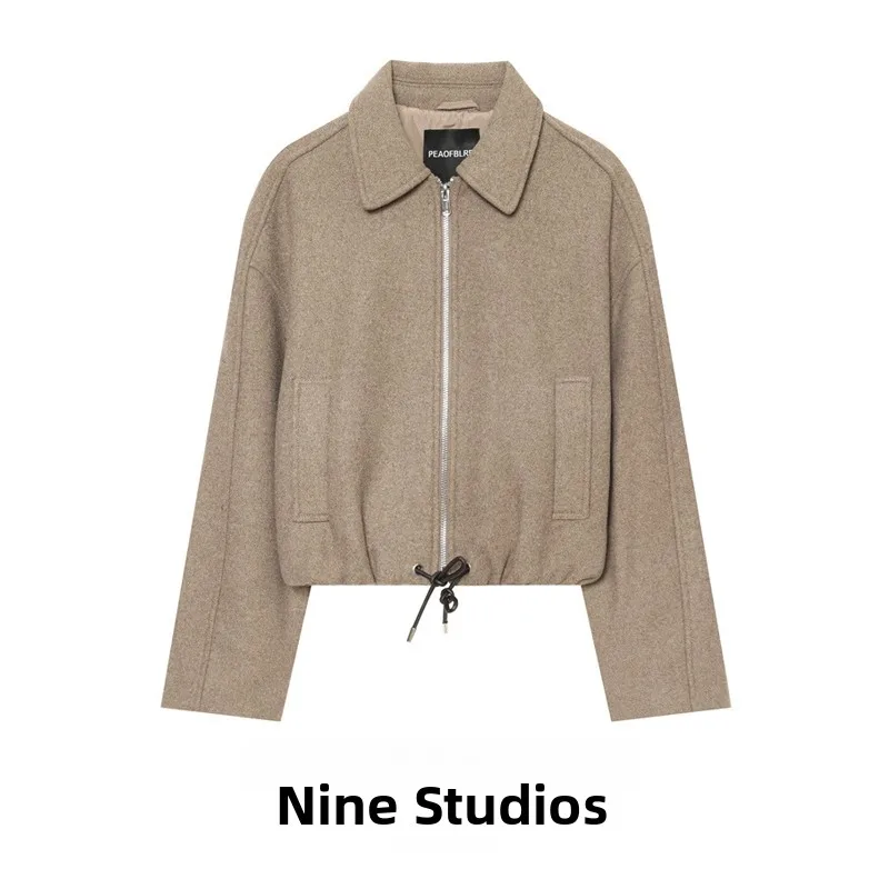 NINE ZAR Women's Short Mixed Fabric Jacket with Drawstring Stand Collar Outerwear Top Casual Loose Fit Summer Zipper