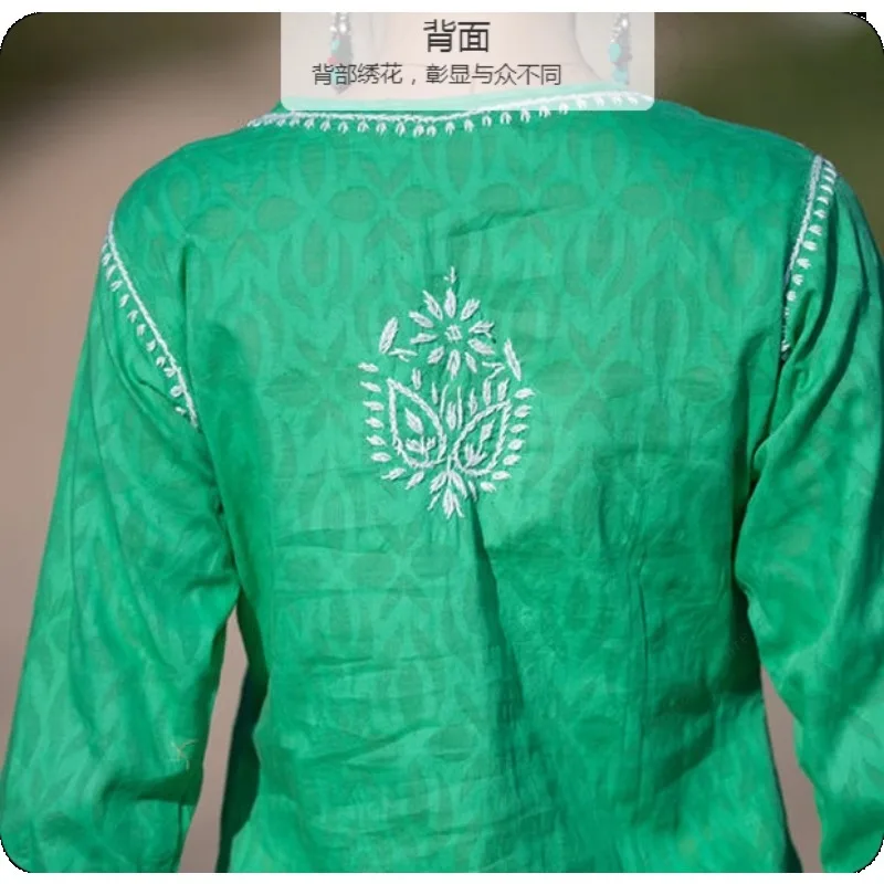 سترة نسائية كورتي هندية/باكستانية مطرزة للربيع والصيف فستان تقليدي رقيق من جنوب آسيا بلوزة خضراء من القطن