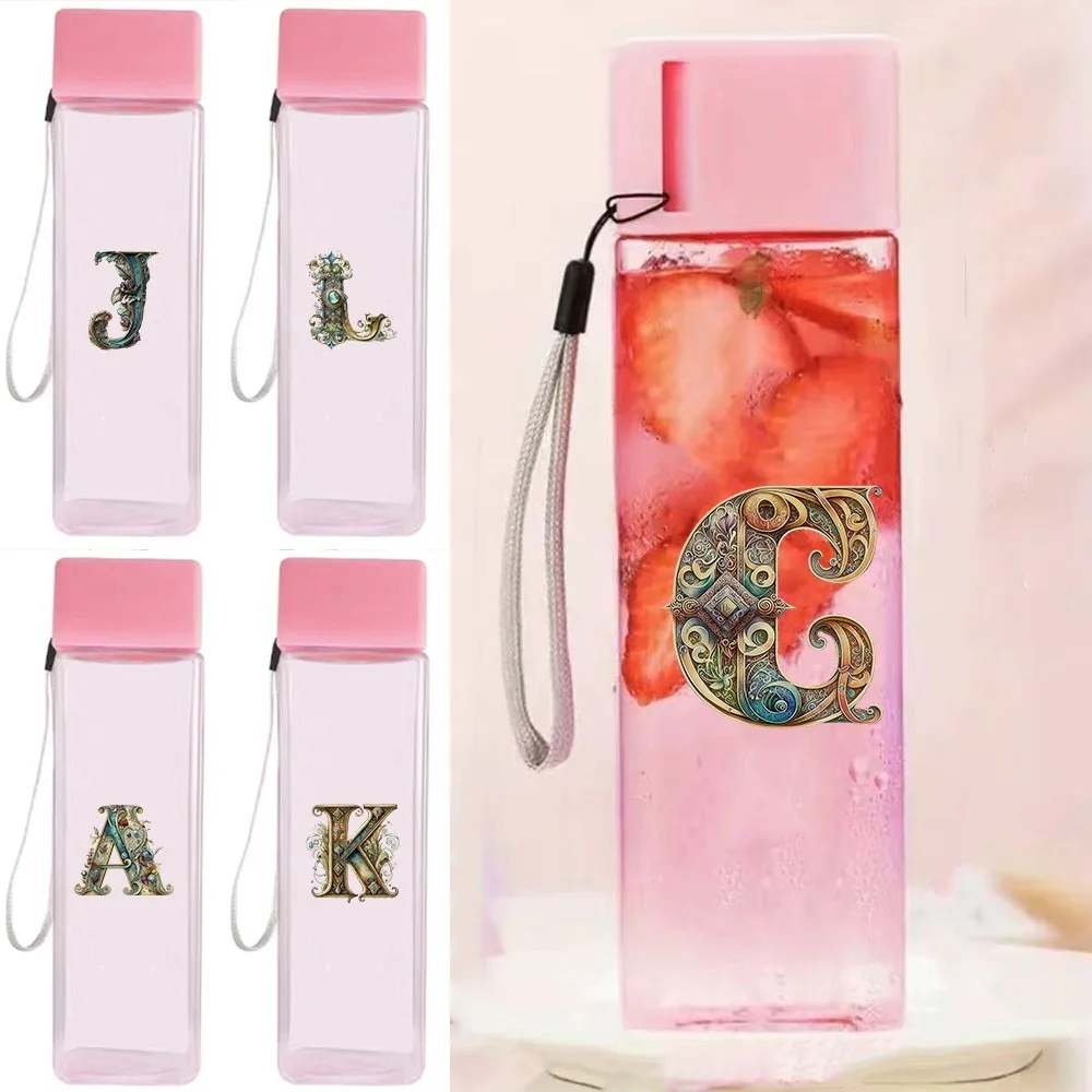 

Portable Sports Daily Water Cup Container Transparent Milk Bottle Drinking Jug Highly Sealed Water Cup Graphic Letter Pattern