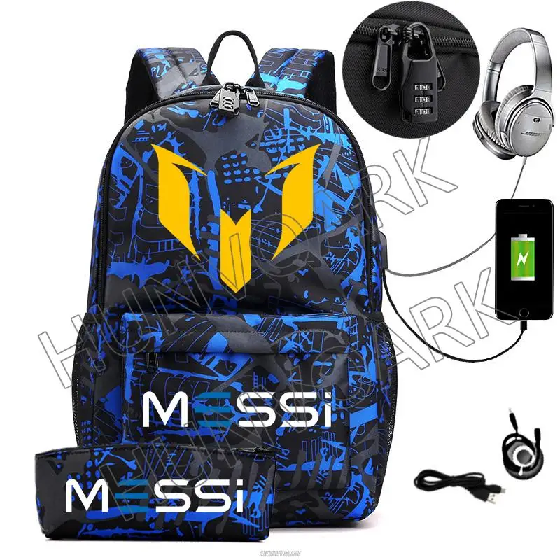 Messi Mochila Casual Mulheres Homens Mochila Computador 15.6 Polegada Laptop Bag Back Light Anti roubo Viagem Mochilas Escolares 2pcs