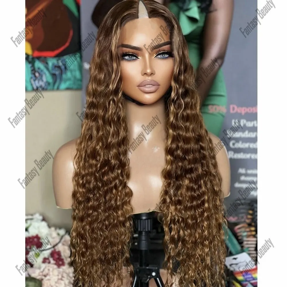 

Highlight Honey Brown V Part Wig Human Hair for Women Easy Wear Kinky Curly Brazilian Remy Hair Wigs Middle 1*4 Open U part Wig