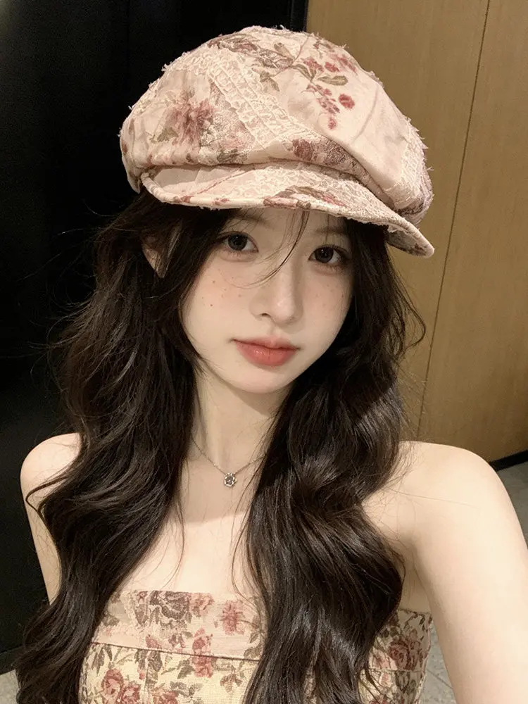 Vintage Floral Lace Newsboy Cap Women Spring Summer Breathable Ruffled Beret Retro Casual Fashion Headwear Beret