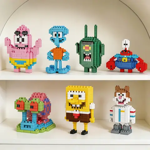 Yellow Sponge Cartoon Square Octopus Crab Mini Building Block Anime Character Brick Model DIY Assembly Toy Desktop Ornament Gift