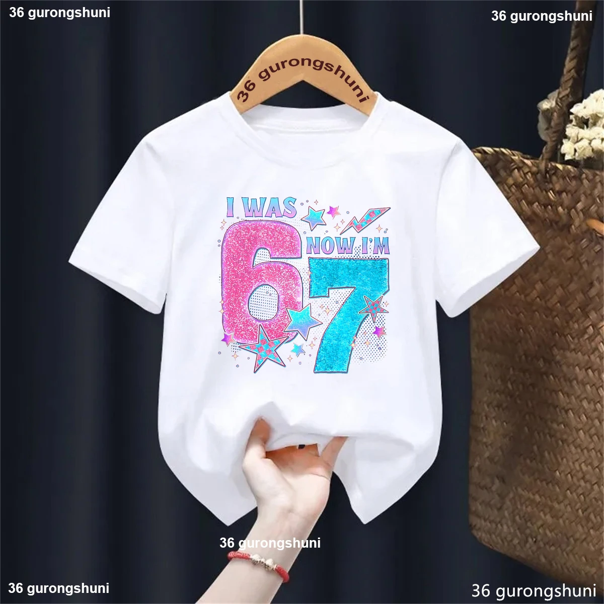 Colorful I Was 6 Now I Am 7 67meme Printed T Shirt Girls 7th Birthday Gift T-Shirt Funny Kids Clothes Summer Short Sleeve Shirt