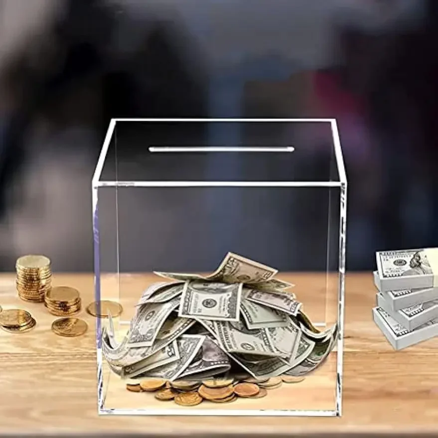 Square Transparent Acrylic Piggy Bank, Clear Hard Plastic Coin Bank, Money Box Cash Collector Container, One-Way Saving