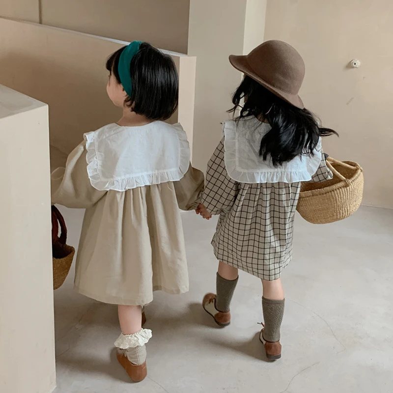 2024 autunno Baby Dress for Girls Clothes Casual Cotton Linen Kids Girl Dresses allentato Big Collar coreano Children Dress