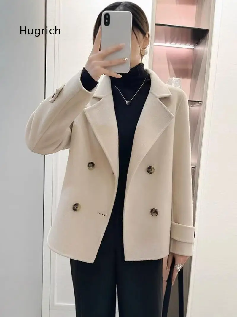Women Double Breasted Short Double Faced Wool Coat Elegant Blazer Style Mid Length Woolen Outerwear for Ladies Casual Daily Wear
