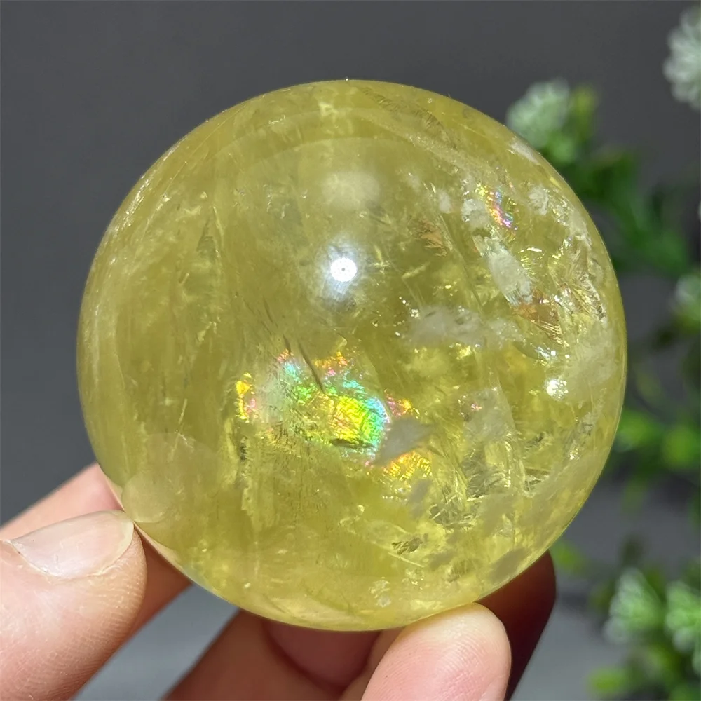 Natural Gemstone Yellow Sphere Polishing Process Spirit Energy Meditation Healing Massage Home Office Wealth Decoration + Base
