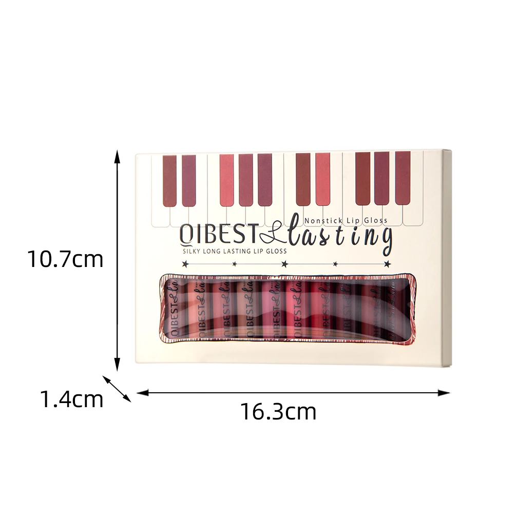 QIBEST 12pcs/set Matte Liquid Lipstick Waterproof Lasting Velvet Nude Red Lip Gloss Lint Tube Makeup Cosmetic Lipsticks Lipgloss