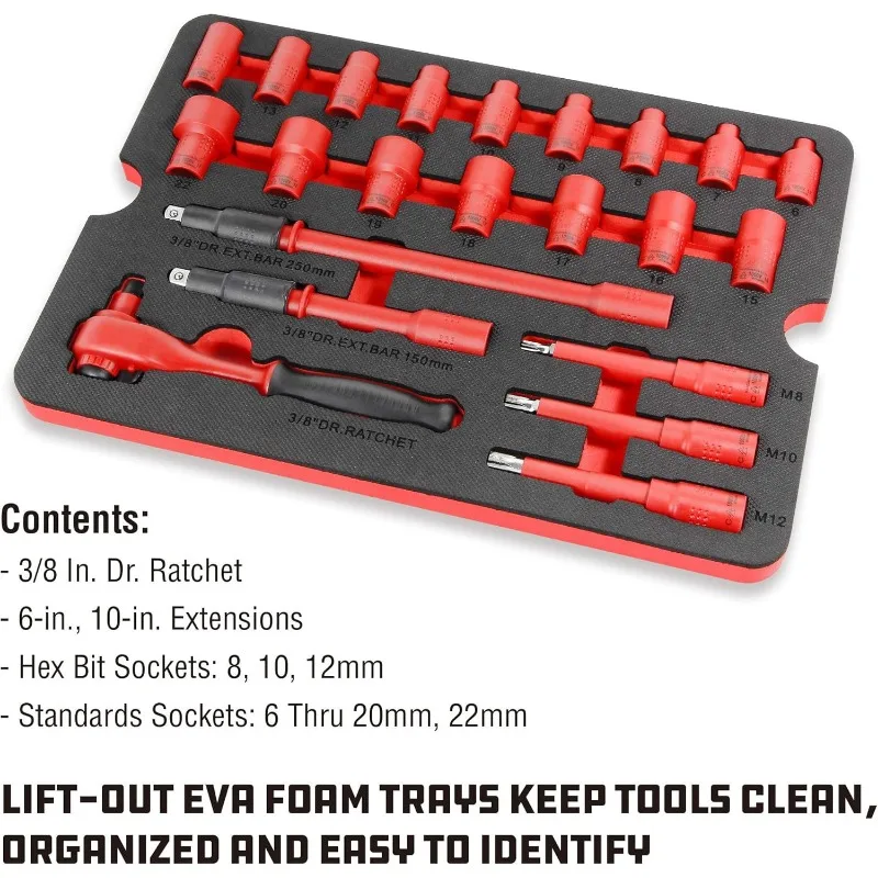 Powerbuilt 50 Pc.1000V Set Alat VDE Listrik Terisolasi dengan Kotak Tahan Air, 3/8 inci. Dr Ratchet, 16 Pc. Ukuran Soket 10-24mm