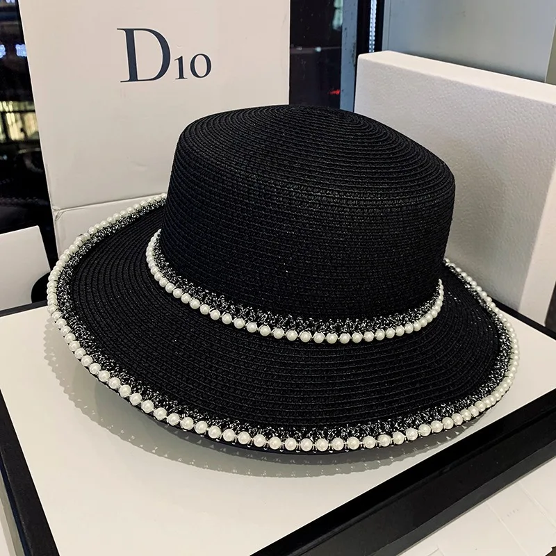 Women Summer Pearl Straw Hat UV Protection Sun Hat Versatile Outdoor Travel Seaside Beach Anti-ultraviolet Ladies Sun Cap