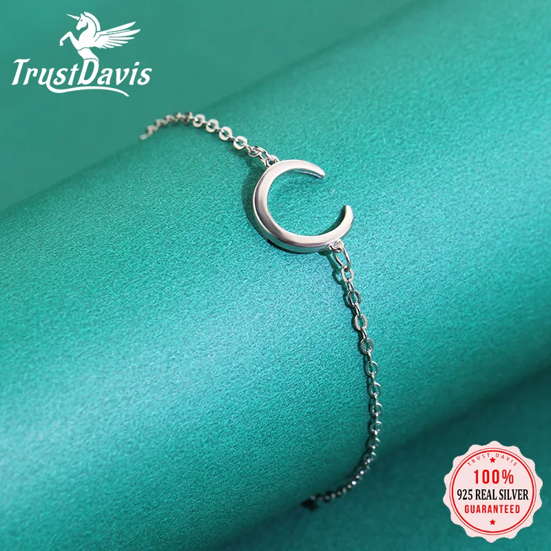 TrustDavis Genuine 925 Sterling Silver Cute Sweet Evening Night Moon Bracelet For Women Girls Wedding Valentine's Day Gift DT18