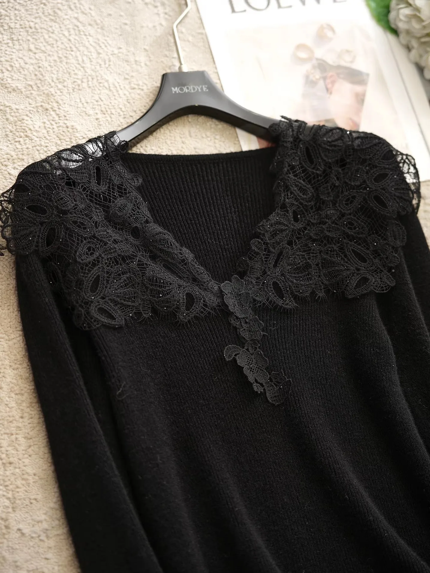 

Ele Bla Lace Off-oulder Knitted Sweater 00% Wool Doll Collar Soluble Design Warm Sli Ladies Faion Winter Coat