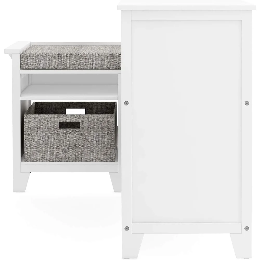 Angolo angolare per bambini - Lino bianco: panca portaoggetti in legno, organizer per libreria con cuscino del sedile e contenitori in tessuto