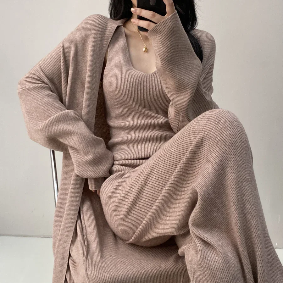 2024 winter warm thicken knitted 3 pieces sets for women clothing korean casual v neck vest+knitted cardigans+wide leg pant sets