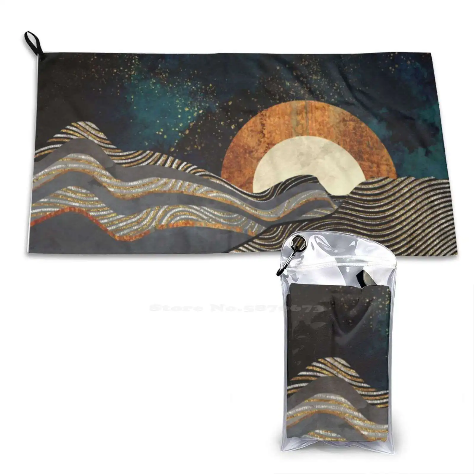 Gold & Silver Fields Soft Towel Quick Dry Beach Towel Gold Silver Fields Landscape Nature Moon Stars Abstract Contemporary Blue