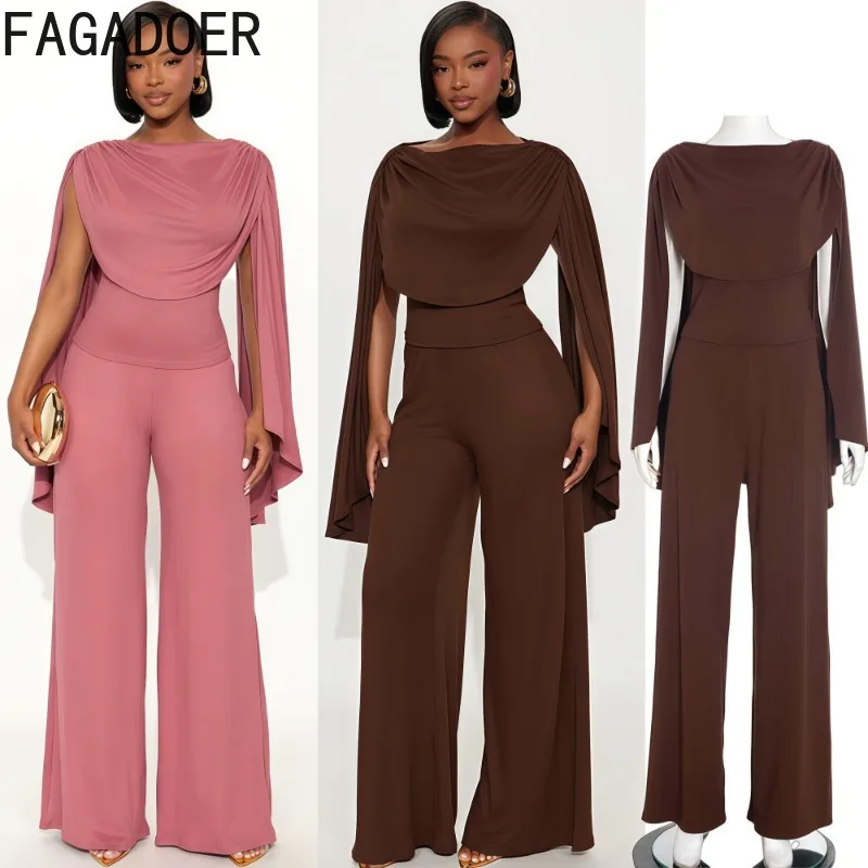 

FAGADOER Sexy Tassel Patchwork Woman 2 Piece Set Outfit Solid Color Long Sleeves Crop Top and Wide-leg Pants Female Streetwear