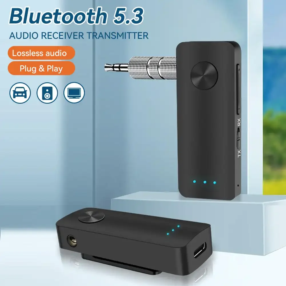 2 In 1 Audio Transmitter Receiver Bluetooth 5.3 Car Handsfree Wireless Adapter with 3.5mm Audio AUX Adapter For Car Airplane TV