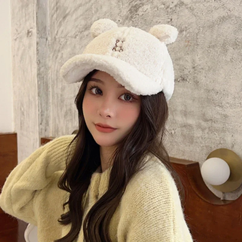 Baseball Cap Female South Korean Bear Before and After Wearing A Cap with A Duck Tongue Japanese Cute Little Cartoon  Winter Hat