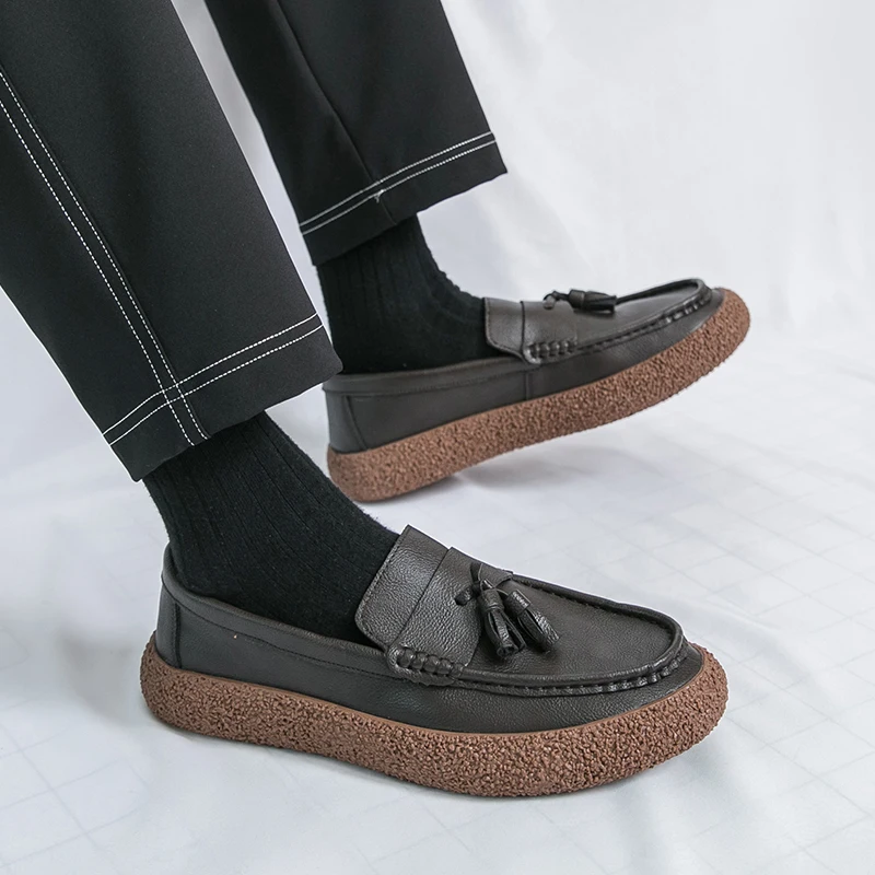 

Retro Casual Loafers with Round Toe Tassel and Thick Sole Simple Breathable and Slip Resistant Driving Fashion Shoes