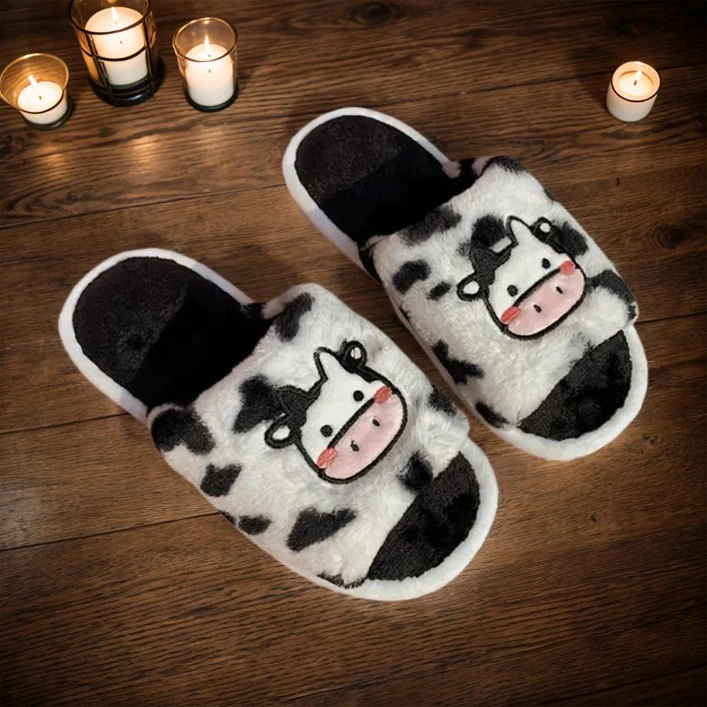 Plush Milk Cow Slippers Comfortable Fuzzy Indoor Slippers Cute Open Toe Slippers Anti Slip Soft Furry Slipper for Autumn Winter