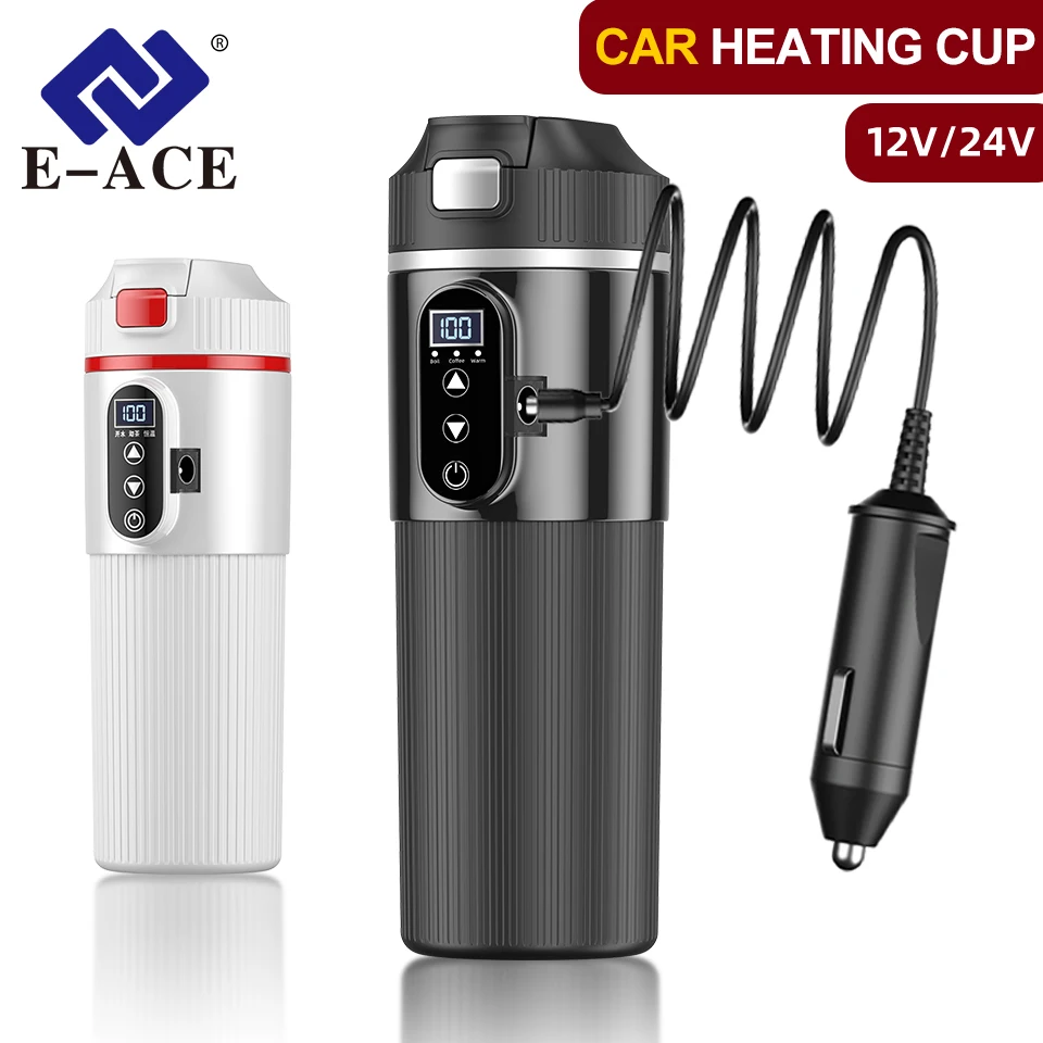 E-ACE 500ML Electric Heating Car Kettle 12V/24V Heater Cup Stainless Steel Fast Heating for SUV Truck RV Bus Camping Travel ﻿