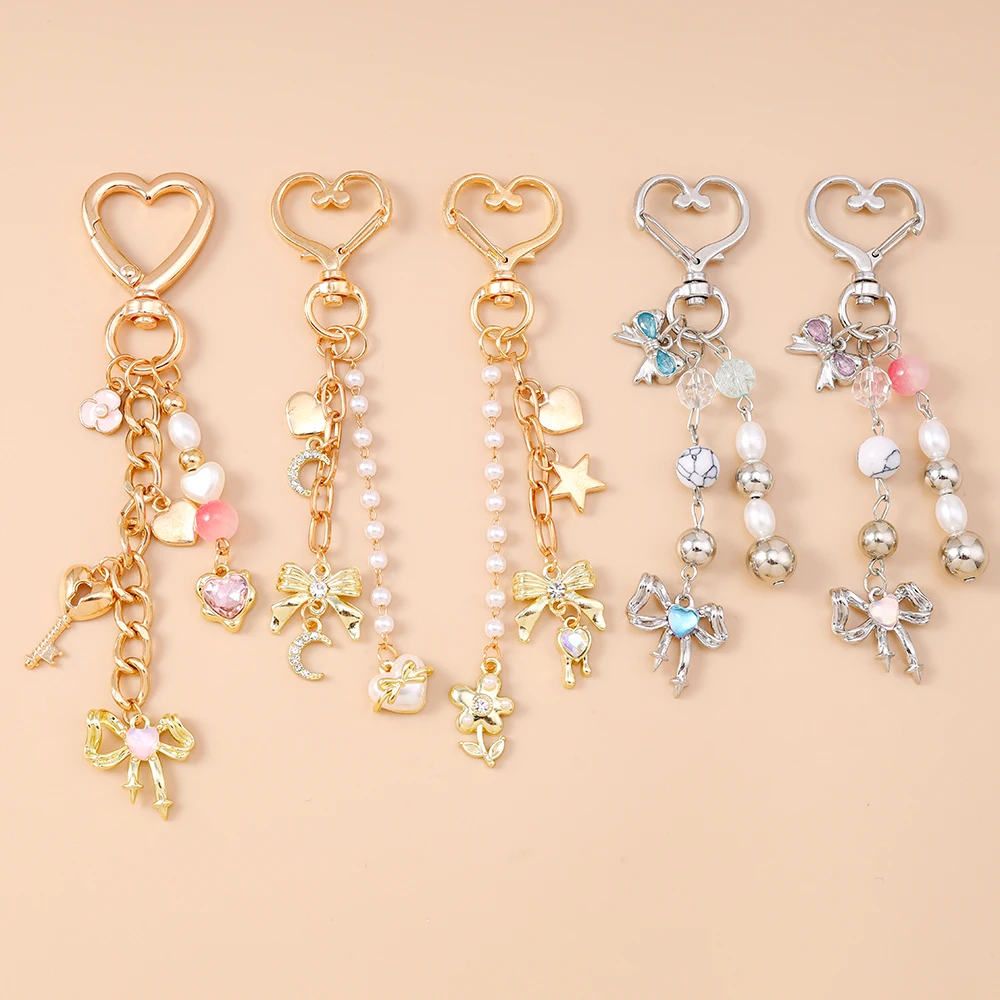 

Pretty Love Heart Bowknot Keychain Crystal Pearl Key Ring Pendants for Women Girls Handbag Decor DIY Handmade Key Chain Gift