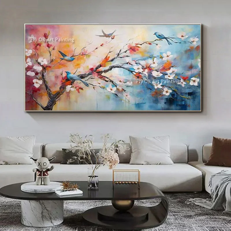 Beautiful Art Hand Painted Orange White Flowers Tree Landscape Blue Bird Canvas Oil Painting For Home Wall Decor New Gifts