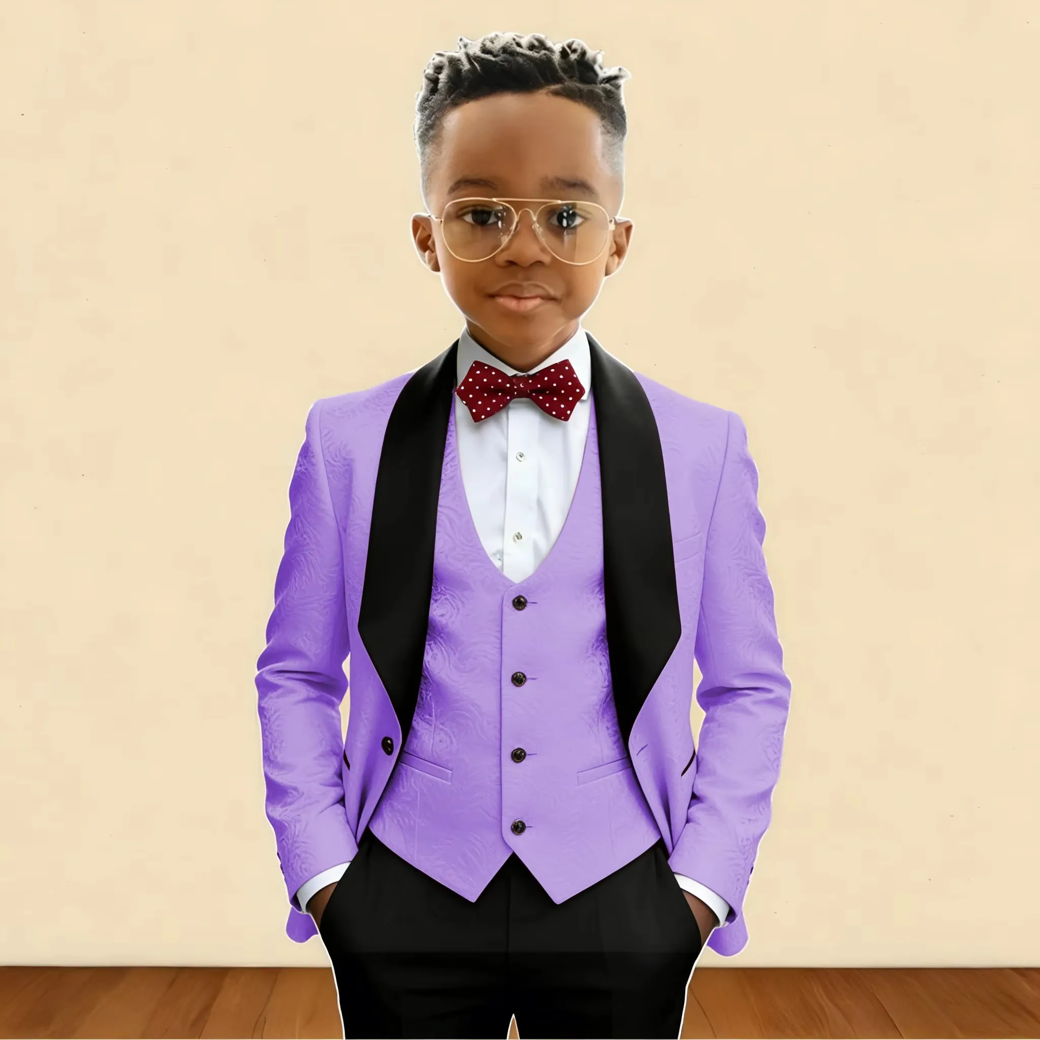Jacquard Suit for Boys Wedding Tuxedo 3 Piece Shawl Lapel Jacket Pants Vest Kids Blazer Set Slim Fit Tailored Child Outfit