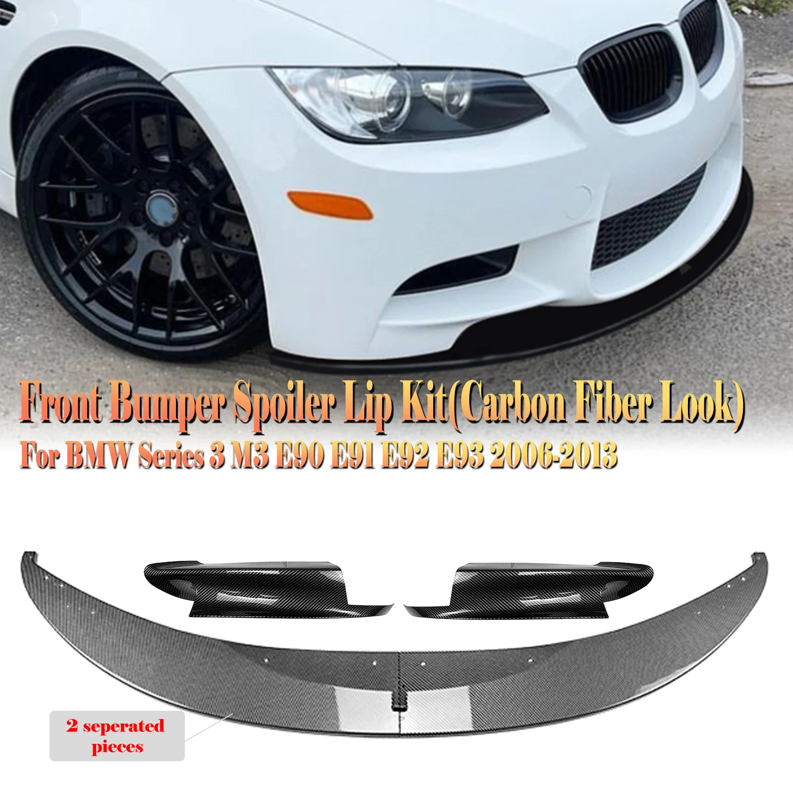 

For BMW 3 Series E90 E91 E92 E93 M3 2007-2013 Carbon Fiber Look/Gloss Black Front Bumper Spoiler Lip +Side Corner Angle Cover